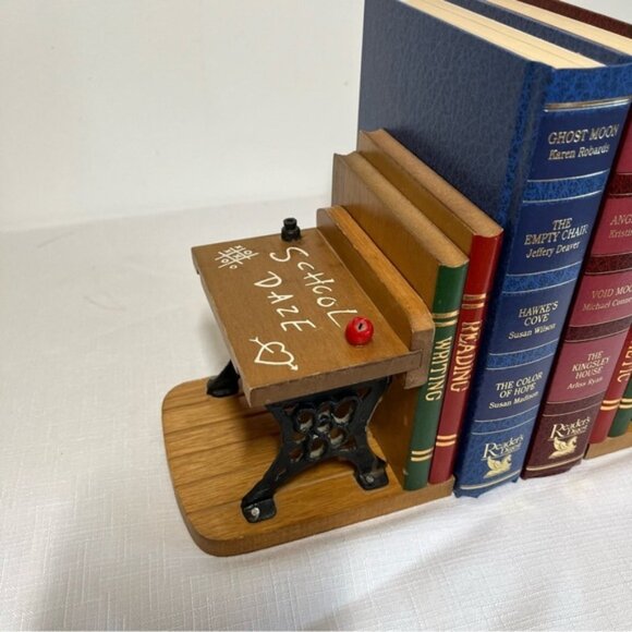 Vintage School Daze Enesco Cast Iron Wood BOOK ENDS Vintage 1970s Pair Teacher - Picture 2 of 10